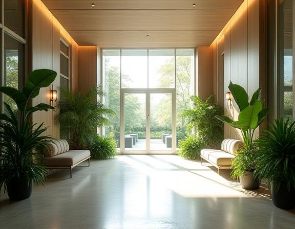 自然光が差し込む丸の内のオフィスエントランスに配置された観葉植物